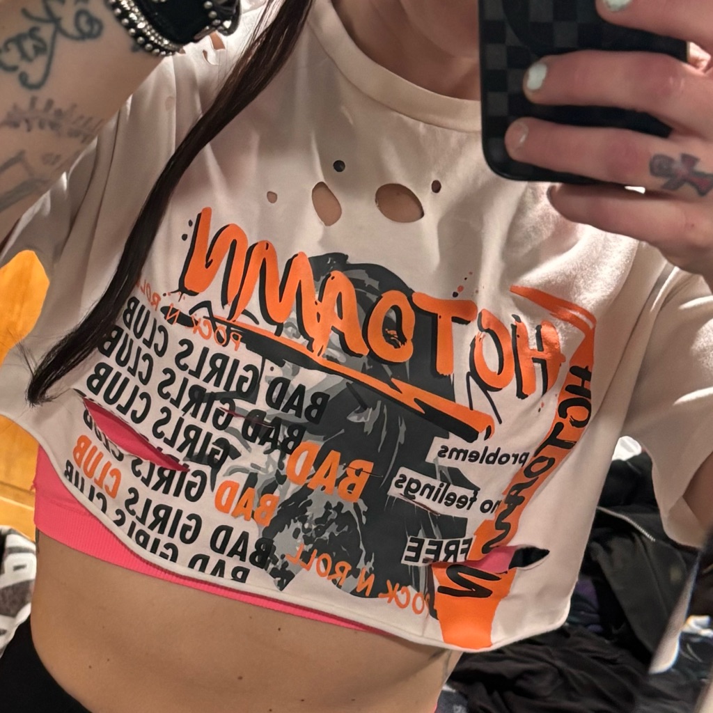 Shein Cream And Orange Graphic Crop Top